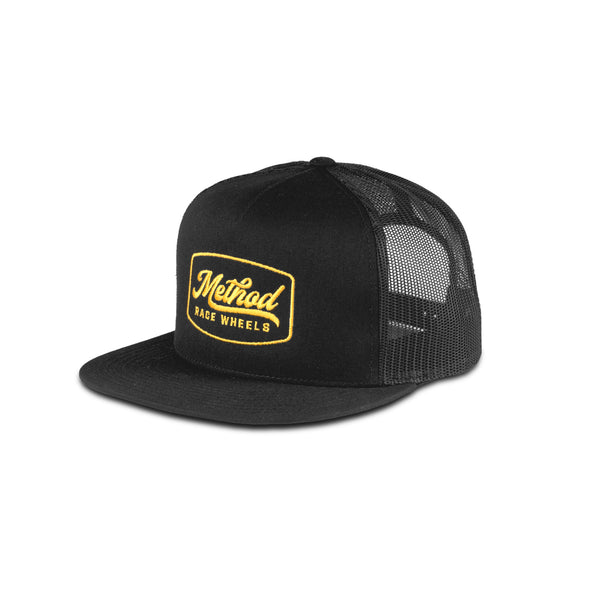 Script Badge Flatbill Trucker Hat | Black